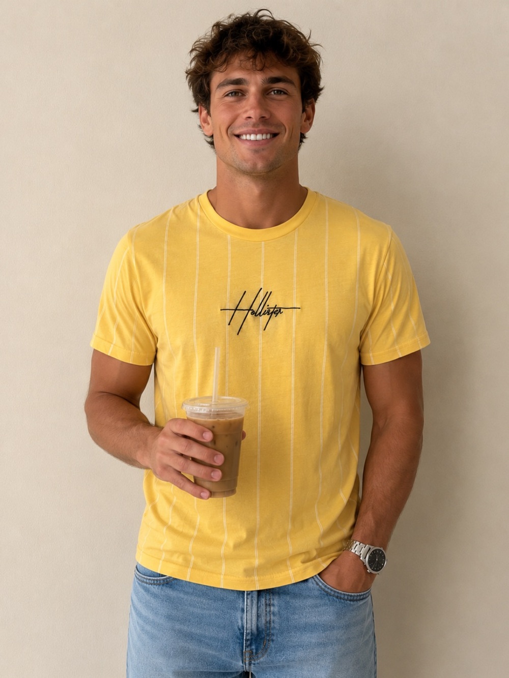 Hollister Men’s Yellow Striped Logo T-Shirt – Embroidered Graphic Cotton Tee